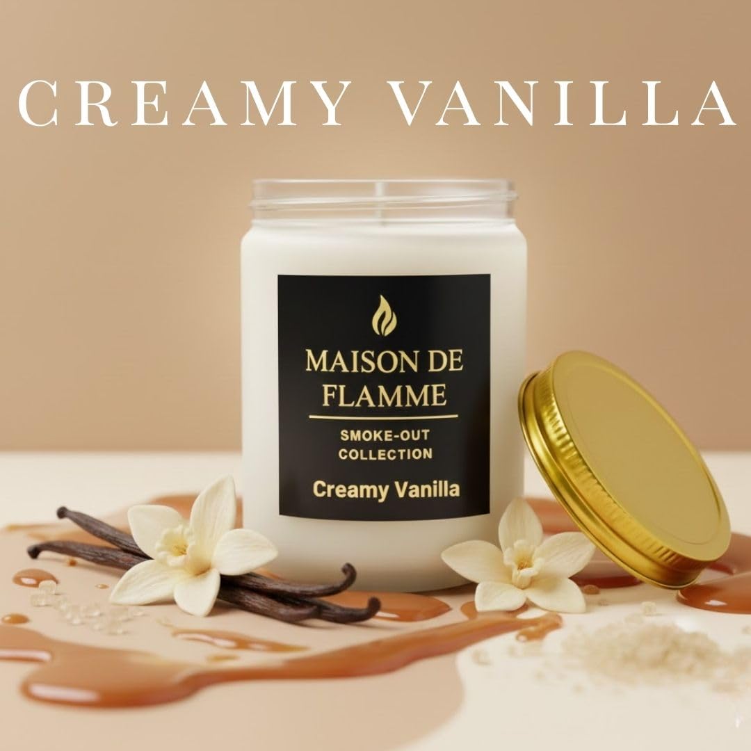 MAISON DE FLAMME Creamy Vanilla Odor-Eliminating Scented Candle, 200g/7oz White Jar – Long-Lasting Soy Wax Blend Candle for Smoke, Kitchen & Home Odors