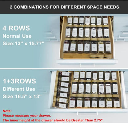 Spice Drawer Organizer with 24 Spice Jars and 216 Labels,Non-slip Rubber, Bamboo 4 Tier Spice Racks Tray Seasoning Containers for Kitchen Drawers,Cabinets,Countertops,13" Wide * 15.8" Deep