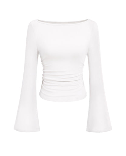 PRETTYGARDEN Women's Long Sleeve Shirts 2025 Fall Crop Going Out Tops Casual Boat Neck Bell Sleeve Ribbed Ruched Y2K Clothes
