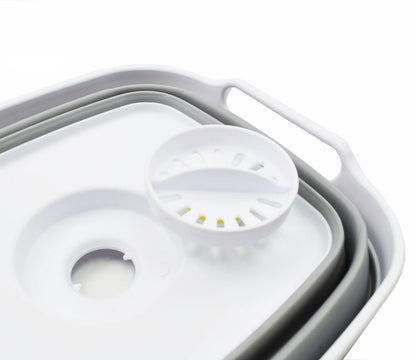 SAMMART 7.5L (2 Gallons) Collapsible Dishpan with Draining Plug - Foldable Washing Basin - Portable Dish Washing Tub - Space Saving Kitchen Storage Tray (White/Grey, 1)