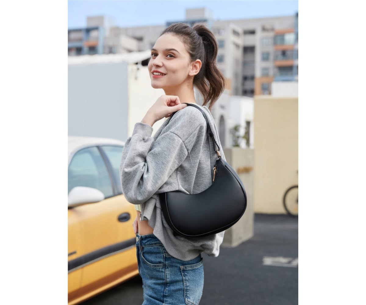 WSRYDJDL Crescent Shoulder Bags for Women Cute Hobo Tote Handbag Under the Arm Purses Mini Clutch Purse with Zipper Closure (Black)