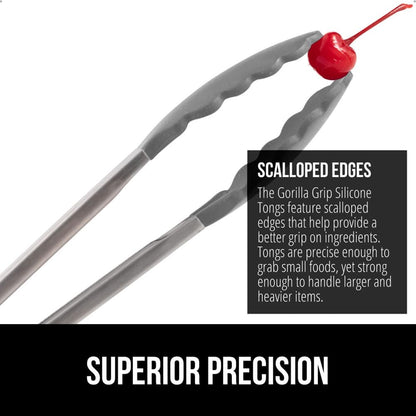 GORILLA GRIP Stainless Steel Heat Resistant Kitchen Tongs for Cooking, 9 + 12 Inch, Set of 2 BBQ Tong, Non Scratch Silicone Tip for Pan, Strong Grip, Grab Food, Toss Salad, Air Fryer, Pull Lock, Black