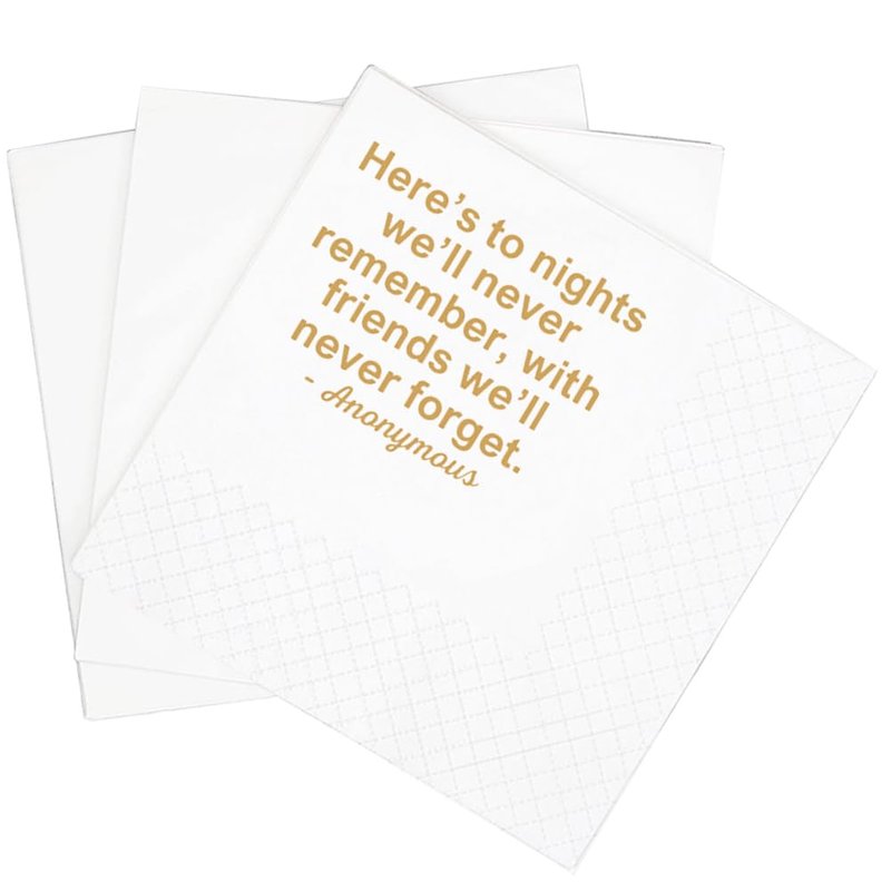 SharkBliss Funny Quotes 100 Pack Here's To Nights We'll Never Remember With Friends We'll Never Forget Cocktail Napkins For Bachelor Birthday Wedding Anniversary 2-Ply, 5x5" (Here's To Nights)