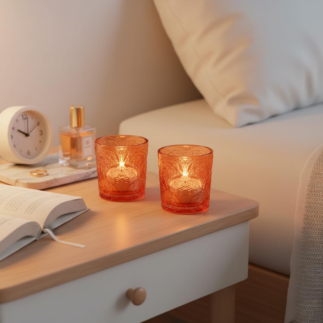 6 Pack Mandala Embossed Glass Candle Holders – Votive Tealight Holders with Patent Design, Decorative Embossed Glass Cups for Wedding Centerpieces, Parties, and Home Décor (Pumpkin Spice)