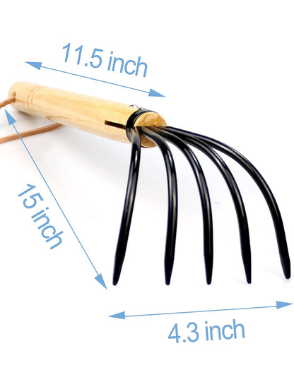 15" Gardeners Claw Rake | Military Grade Steel 6 Tines and Prime Wood Japanese Ninja Claw Garden Rake or Cultivator for Perfect Pulverized and Aerated Soil, Ergonomic Wooden Handle for Firm Grip
