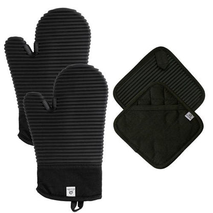 Extra Long Silicone Oven Mitts and Pot Holders Sets | Heat Resistant 500°F BPA-Free Food Grade Silicone Hot Pads & Kitchen Mittens | 4-Piece Set of Oven Gloves & Potholders for Kitchens.