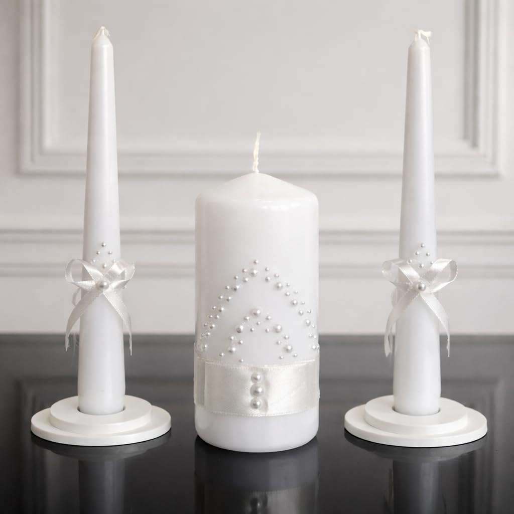 Magik Life Unity Candle Set - Wedding Ceremony & Reception – 6” Pillar & Two 10” Taper Candles – Long Burning Unity Candles for Marriage Ritual – Handmade in USA – White | Satin