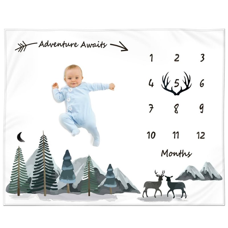 KEMINA BLANKETS Milestone Blanket for Baby Boy – Monthly Baby Blanket, Growth Tracker for Newborn, Woodland Nursery Decor, Mountain Adventure Theme, Includes Felt Frame, 50x40 Inches