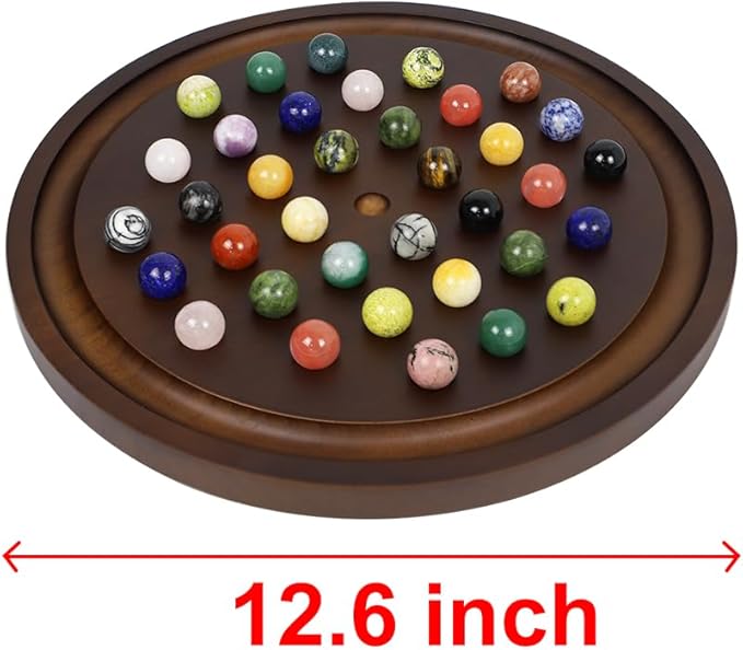 Large Solitaire Game Handmade Solid Wooden Marble Board Game Set with 36 Natural Marble Marbles Classic Thick Round Board Games for Adults Game Night (Walnut Medium)