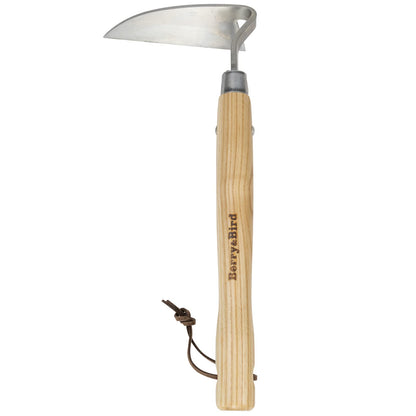 Berry&Bird Stainless Steel Bent Angle Gardening Sickle, Weed Scraper-Hoe with Ergonomic Ash Wood Handle, 12.67-Inch Blade for Weeding & Soil Loosening