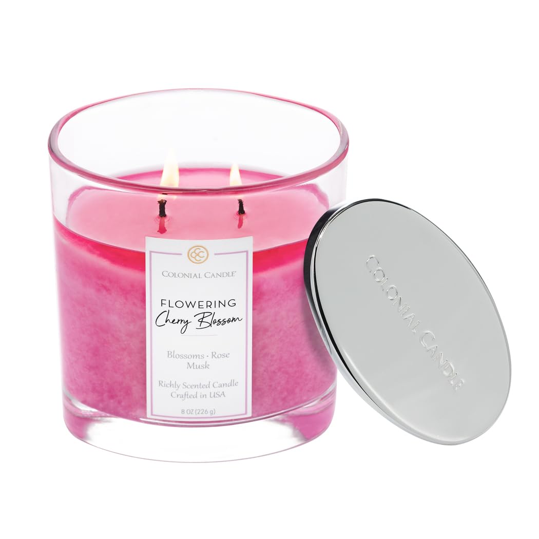 Colonial Candle Flowering Cherry Blossom Scented Candle Jar, Highly Fragranced Candles for Home Scented, Mottled Wax Candle, 2 Wick, 8 oz - Made in the USA