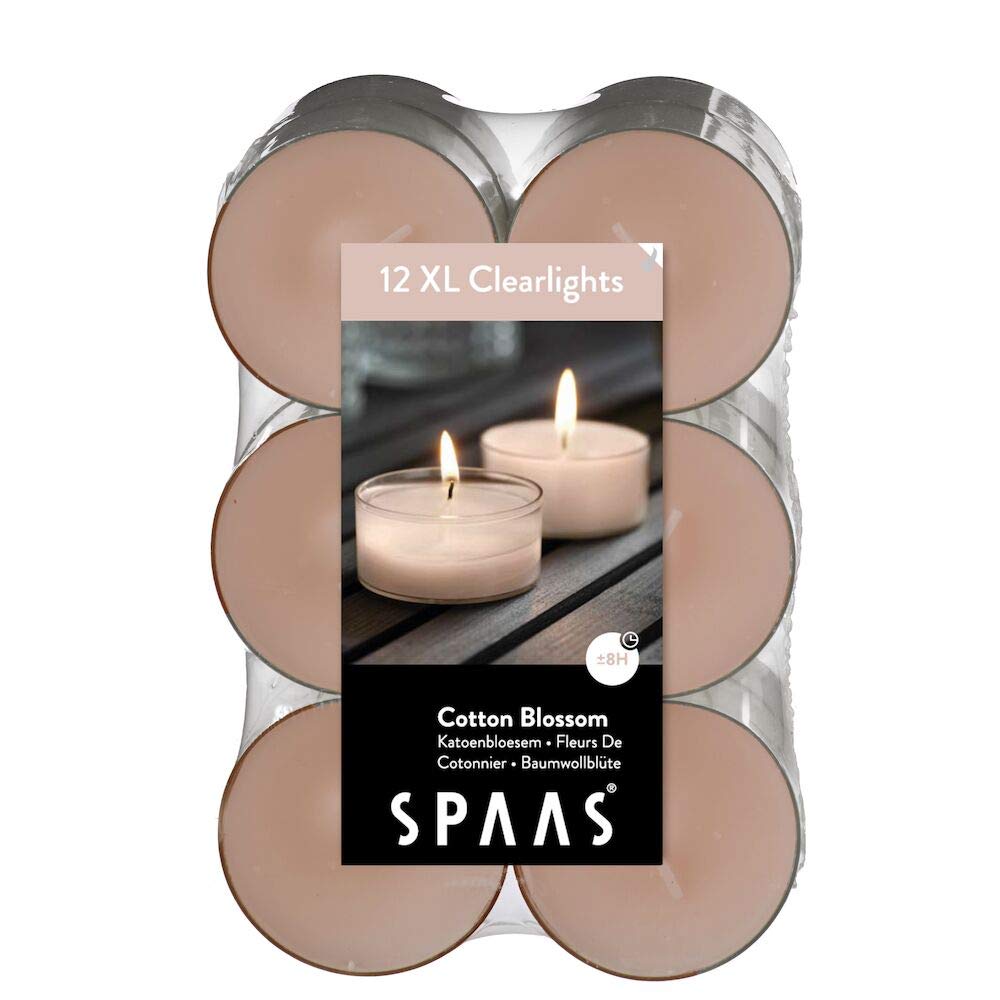 Spaas 12 Maxi Scented Tealights in Transparent Clear Cup, 8 Hours, Cotton Blossom