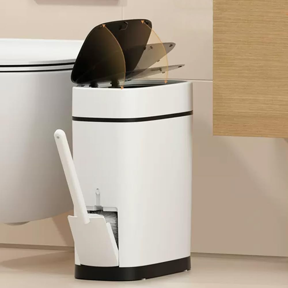 COMODID 3.7 Gallons Bathroom Trash Can and Toilet Brush Set, 14 Liter Slim Trash Can with Toilet Brush Holder Set for RV, Black lid