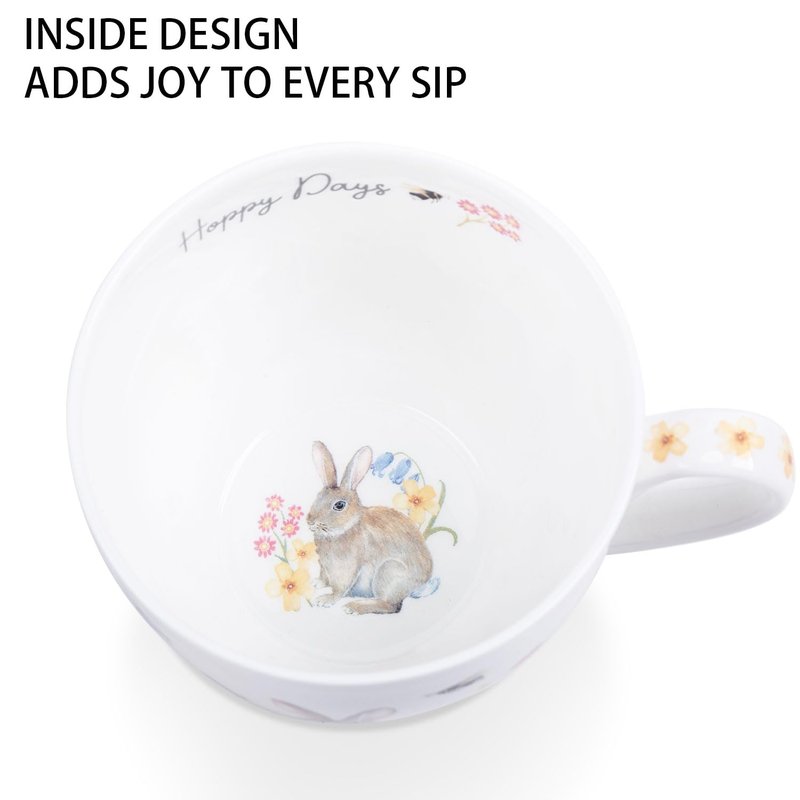 20 oz Easter Bunny Coffee Hug Mug, Spring Flowers & "Happy Days" Slogan, Premium Bone China Rabbit Tea Mug, Cute Easter Gift for Women, Family, Friends, Designed in England by Harvest Green Studio