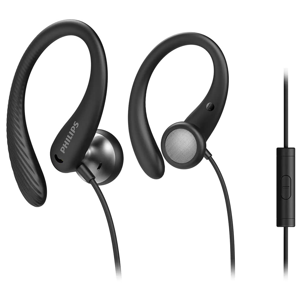 Philips Audio TAA1105BK/00 Sports Headphones with Microphone, in-Ear Headphones (Flexible Ear Hook, Bass Beat Vent, IPX2 Sweat Resistant, Secure Fit, in-Line Remote Control) Black