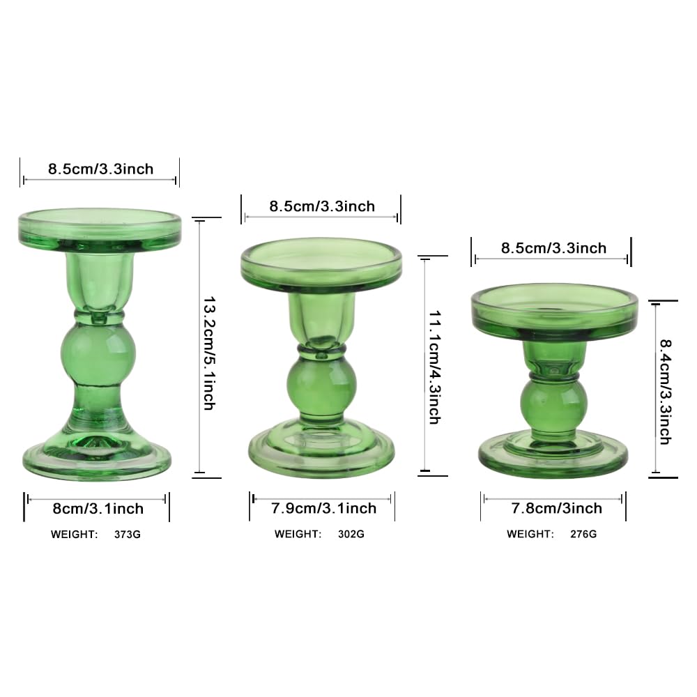 BTGLLAS 3-Piece Set of Green Glass Candlestick, Crystal Candlestick Holder Holder and Conical Candle, Christmas Candle Holder Decoration, Family Living Room Wedding Candle Holder (green1set)