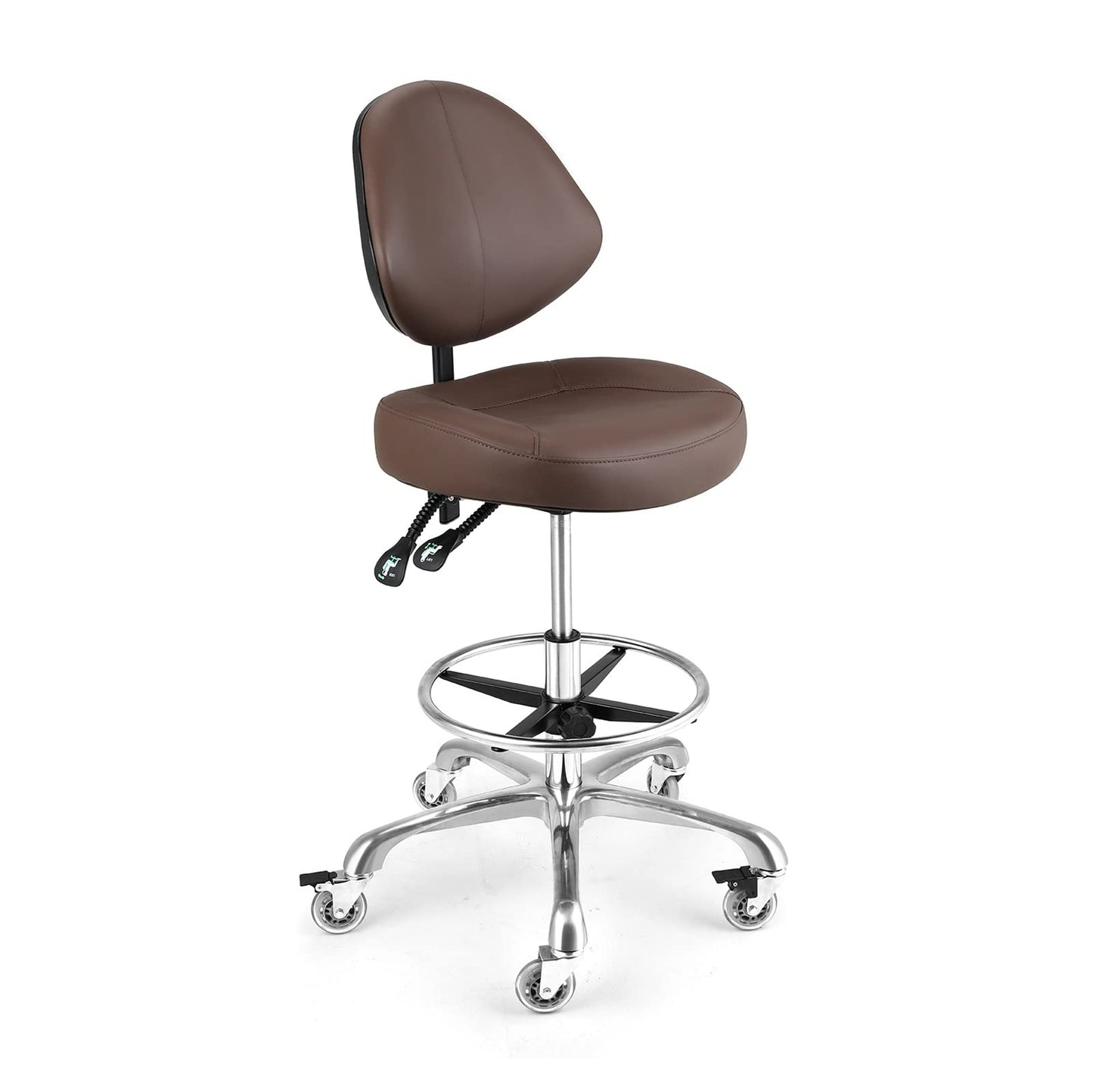 McDooFly Rolling Drafting Chair with Back Support - Tall Office Chair for Standing Desk Adjustable Foot Ring Swivel Rolling Stools for Workshop Art Studio Salon Shop Counter Home Office (Brown)