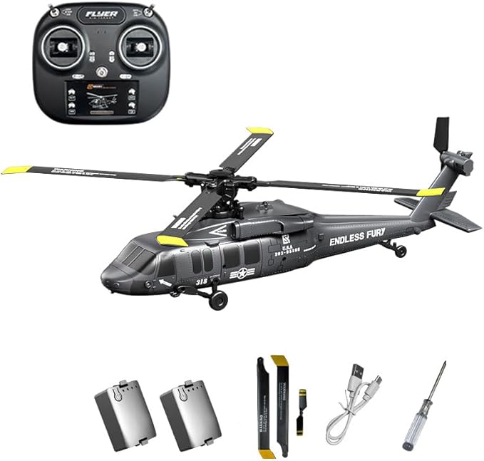Hanll Black Hawk K200 6CH Simulation RC Helicopter with Brushless Motor Optical Flow &amp Altitude Hold One-Key Inverted Flight 2.4G Remote Control High Simulation Aerobatic Model (Grey/2 Battery