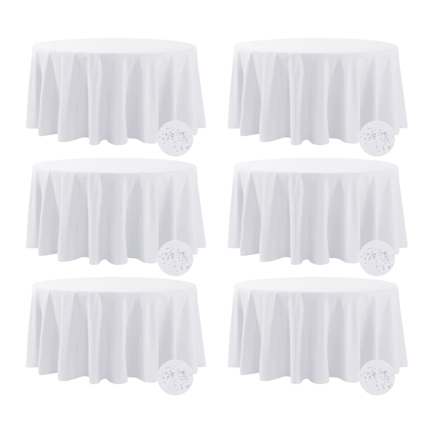 Fokitut 6 Pack Waterproof Round Tablecloth, 132 Inch, Stain Resistant and Wrinkle Polyester Table Cloth, Fabric Table Cover for Kitchen Dining, Wedding, Party, Holiday Dinner-White