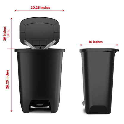 Glad Premium 20 Gallon Trash Can - Plastic Kitchen Waste Bin with Odor Protection of Lid, Stainless Steel Step On Foot Pedal and Garbage Bag Rings, Black