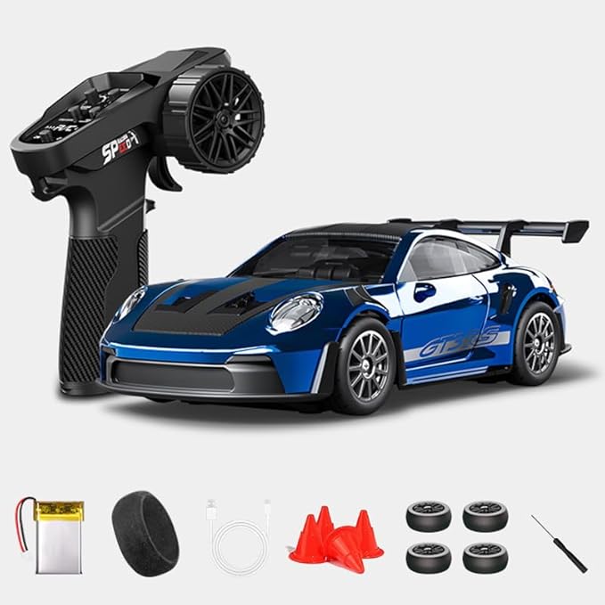 1:43 RC Drift Car D43-01 - 2.4G Full Proportional 4WD Alloy 20KM/H High Speed RC Racing Car with Gyro Silent Bearings Adjustable Speed &amp Lighting(Q8/Blue/D43-01)
