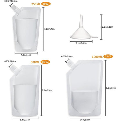 16-Pack Reusable Plastic Flasks - Clear Leak-Proof Bags for Travel, Sports, Concerts & Events (8oz/16oz/32oz) - Ideal for Running, Hiking & Outdoor Activities