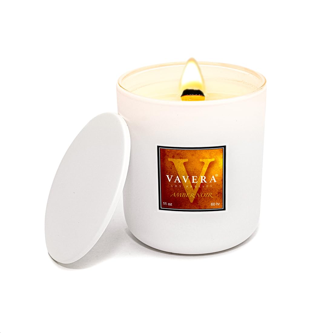 VAVERA Amber Noir Wood Wick Candles that Crackle, 11oz Matte White w/lid, A Sultry Amber Delight Soy Candles. Mothers Day Gifts for Women or Men! Soy, Vegan, Non Toxic. Hand-Crafted in USA.