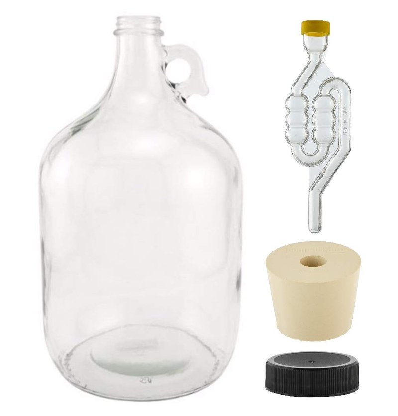 North Mountain Supply - 1G-38-ST-TB-1 1 Gallon Glass Fermenting Jug with Handle, 6.5 Rubber Stopper, Twin Bubble Airlock, Black Plastic Lid (Set of 1)