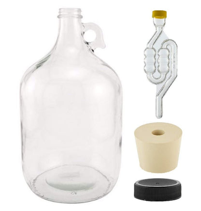North Mountain Supply - 1G-38-ST-TB-1 1 Gallon Glass Fermenting Jug with Handle, 6.5 Rubber Stopper, Twin Bubble Airlock, Black Plastic Lid (Set of 1)