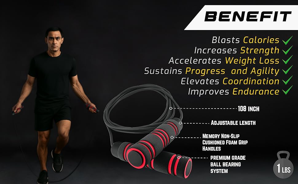 Weighted Jump Rope Workout (1LB) - Tangle-Free Ball Bearing Speed Skipping Rope for MMA Boxing Weight-loss Crossfit Fitness Home Exercise - Adjustable Rope Foam Handles for Men Women Cardio Training