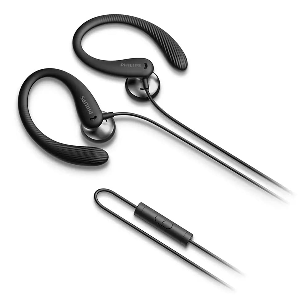 Philips Audio TAA1105BK/00 Sports Headphones with Microphone, in-Ear Headphones (Flexible Ear Hook, Bass Beat Vent, IPX2 Sweat Resistant, Secure Fit, in-Line Remote Control) Black