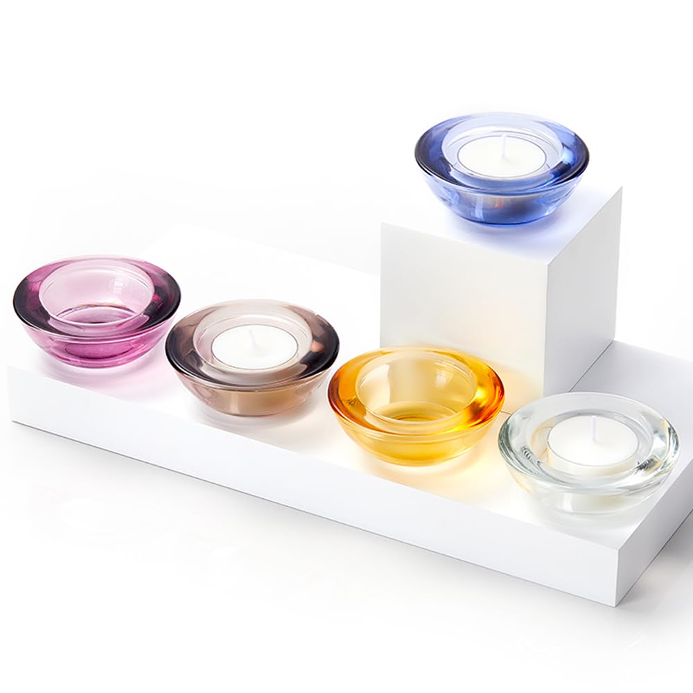 ELIVIA Red Tealight Candle Holders - Set of 12, Round Chunky Glass Candle Holder, 3" Diameter - CH01 - Aubergine Purple