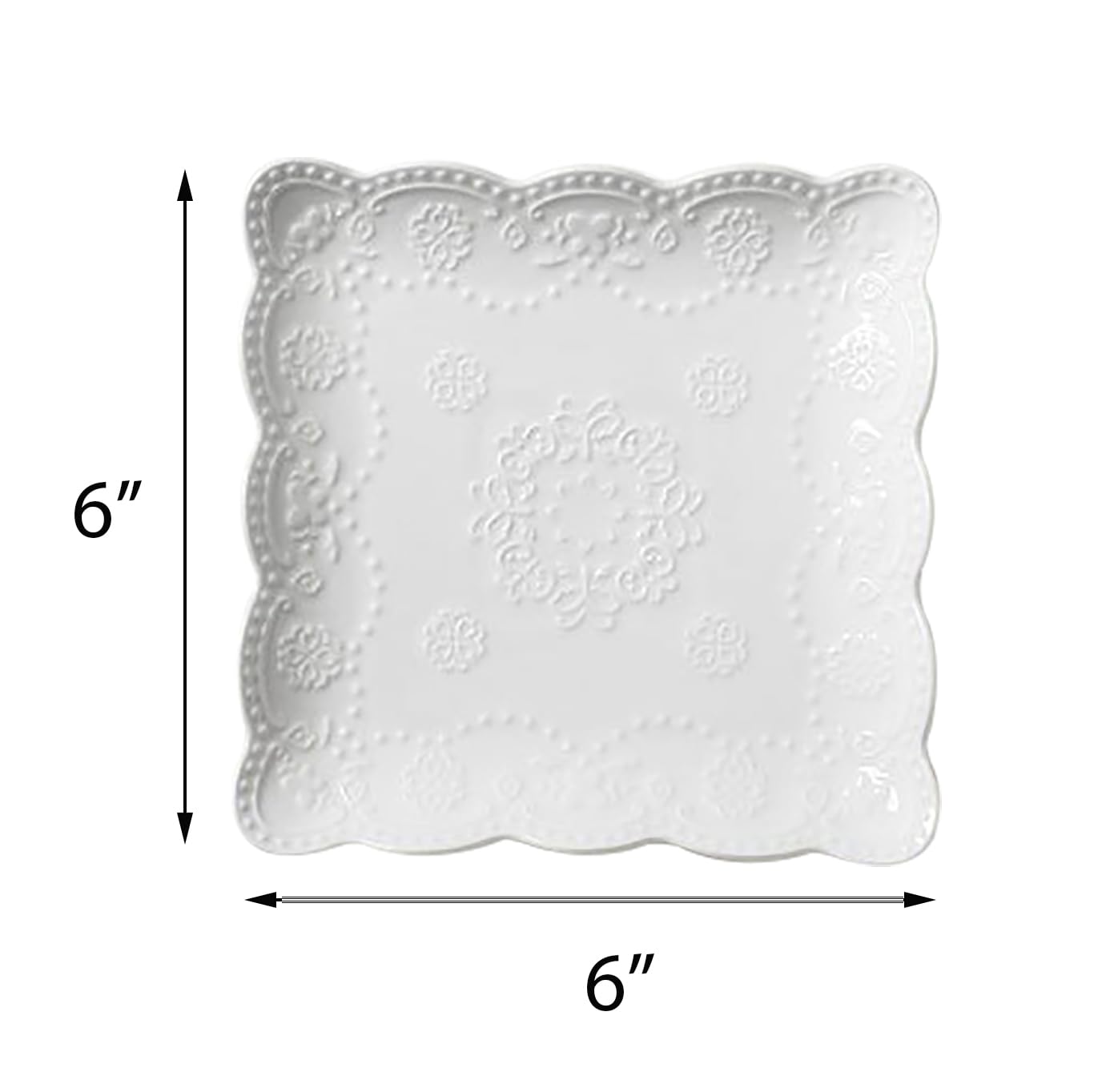 Jusalpha Set of 4-Square Embossed Lace Ceramic Plate-Dinner Plate Set, Pasta/Salad/Dessert Plate Dishwasher MicrowaveTableware Set for Restaurant Family Party Kitchen Use (White, 6 Inches)