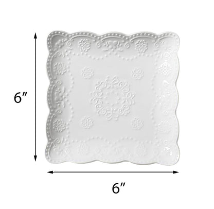Jusalpha Set of 4-Square Embossed Lace Ceramic Plate-Dinner Plate Set, Pasta/Salad/Dessert Plate Dishwasher MicrowaveTableware Set for Restaurant Family Party Kitchen Use (White, 6 Inches)