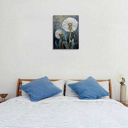 Dandelion Canvas Wall Art - Framed Wildflower Botanical Painting | Serene Blue Gray Rustic Decor, 12x16 Inches