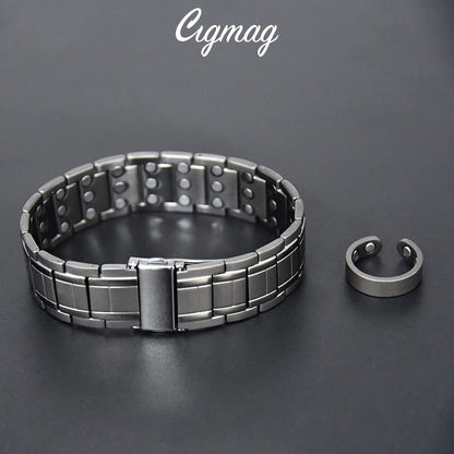 Cigmag 3X Magnetic Bracelets for Men Upgrade Folding Clasp Titanium Bracelet & Copper Ring Adjustable Set with Sizing Tools