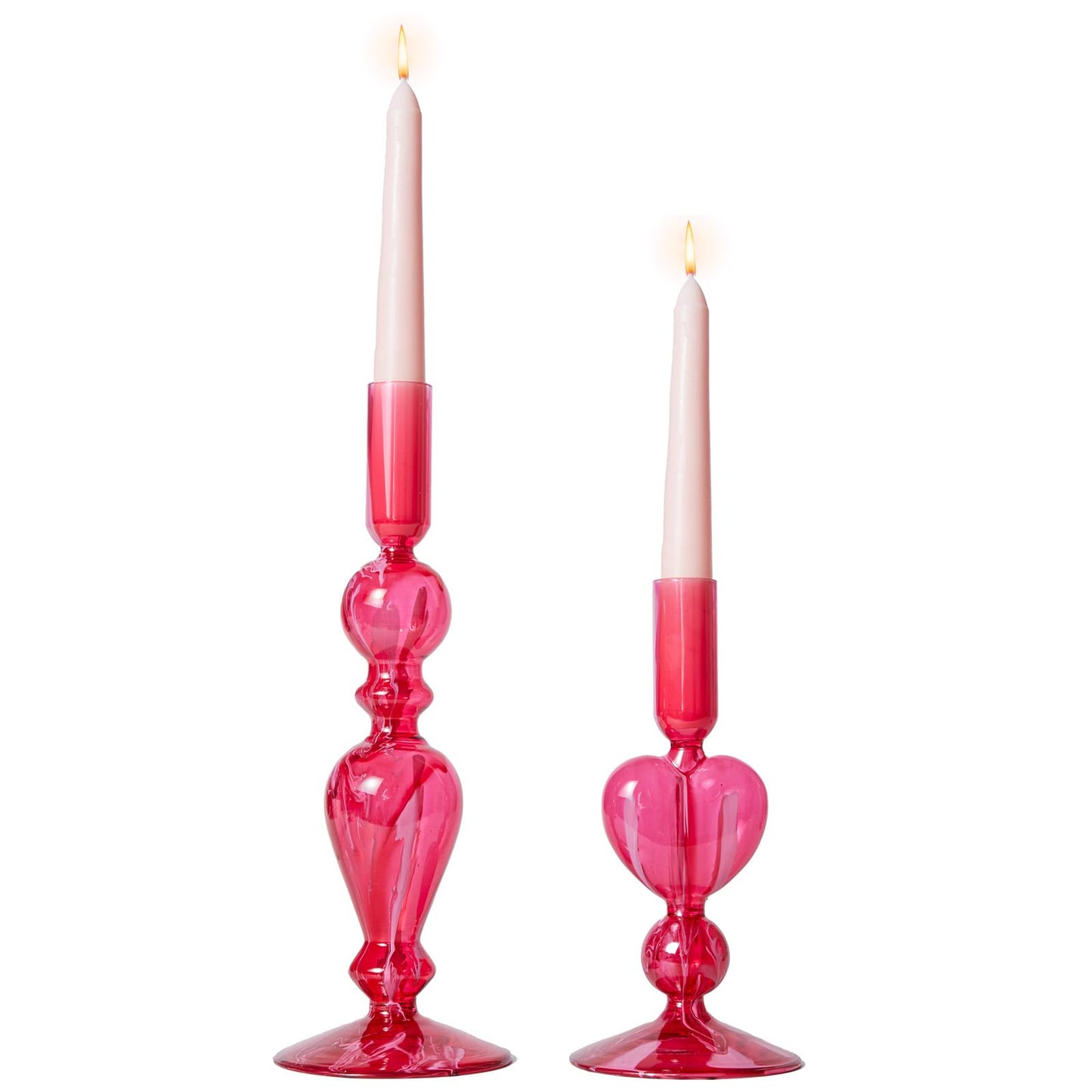 DN DECONATION Pink Glass Candle Holders Set of 2 – Heart Taper Candle Holders for Valentine's Day, Candlestick Holder Wedding Decorations, Farmhouse Home Coffee Table Decor & Housewarming Gifts
