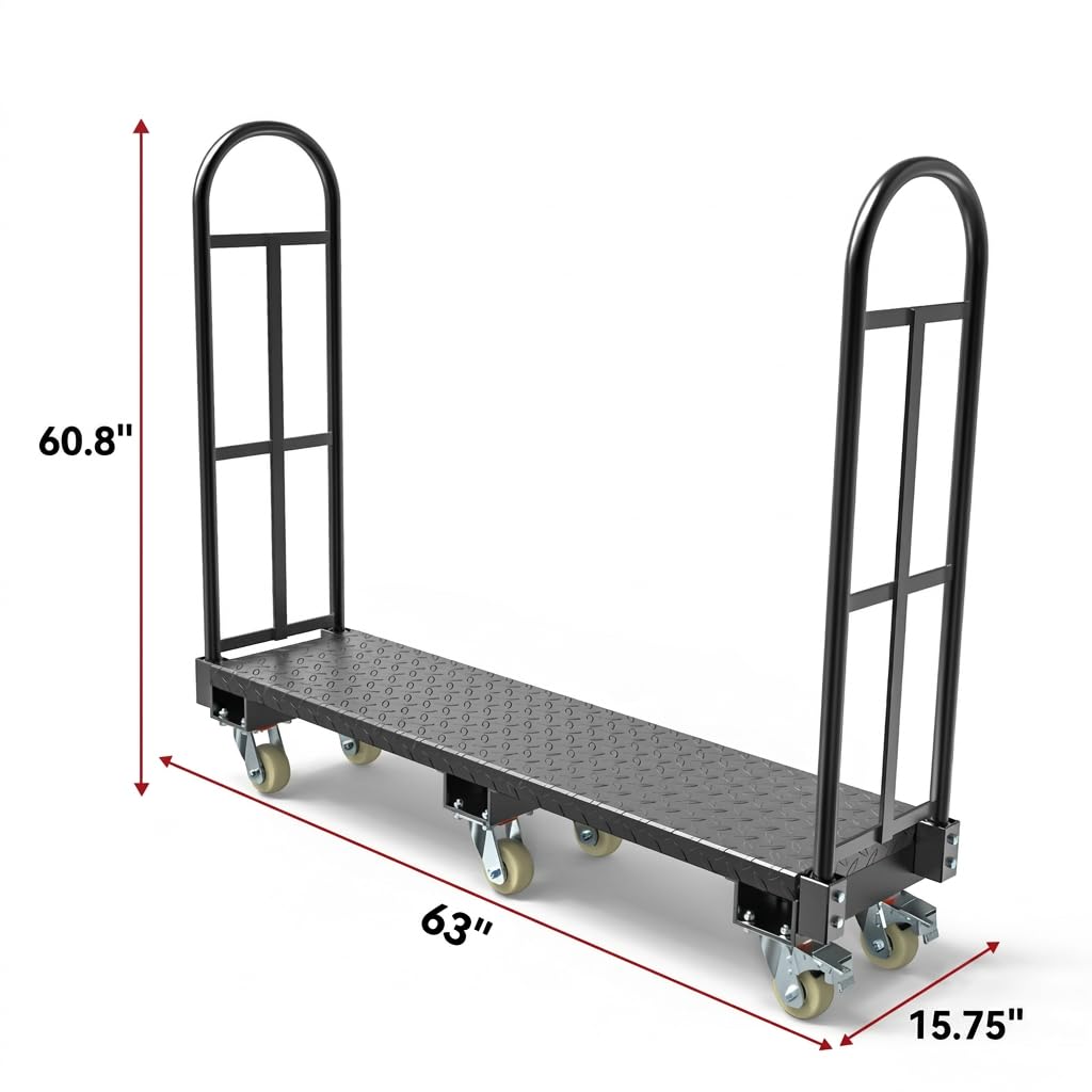 YITAMOTOR Heavy Duty Narrow Aisle U-Boat Platform Truck Dolly, 63 x 15.75 x 60.8 Inch U-Boat Cart with Thick Steel Deck 2000 Lb. Capacity with 6 Swivel Casters(2 Wheels with Brake)