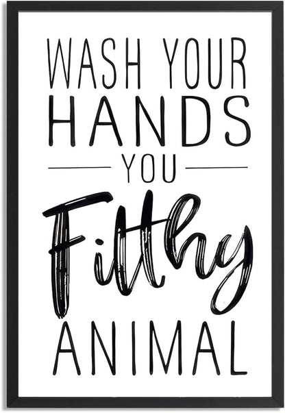 Skiennix Framed Black And White Bathroom Wall Art - Funny Wash Your Hands Poster | Modern Minimalist Decor