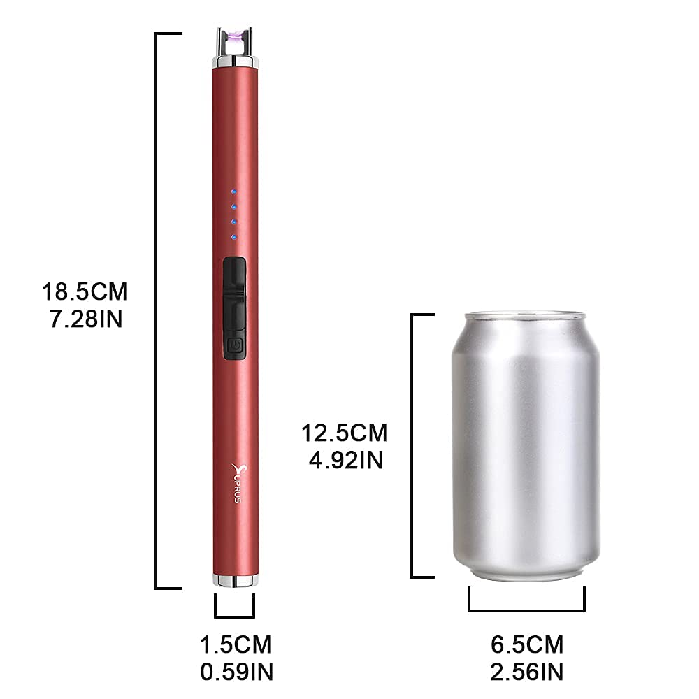 SUPRUS Electric Lighter Candle Type C Rechargeable Lighter with Upgraded LED Battery Display Safety Switch Flameless Plasma Windproof for Candle Cooking BBQs Fireworks (Red)