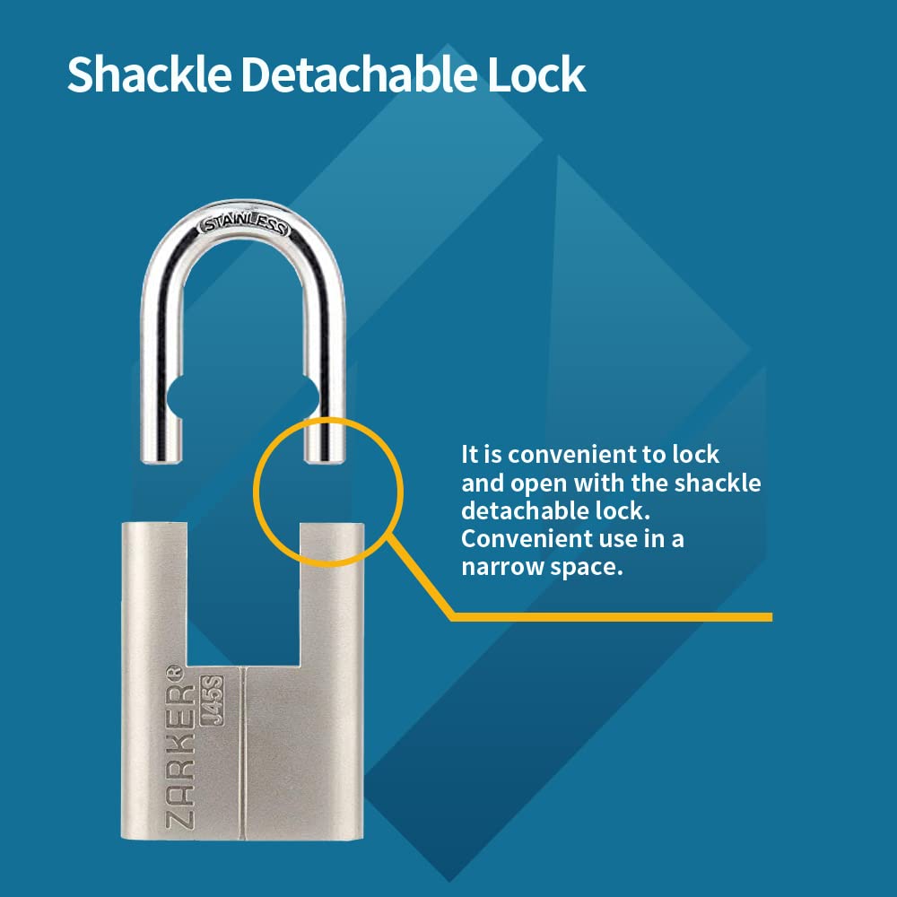 Zarker J45S keyed Padlock, Heavy Duty Stainless Steel Shackle Lock, 3 Keys, Waterproof and Rustproof Storage, Warehouses, Garage, Outdoors, 1-Pack