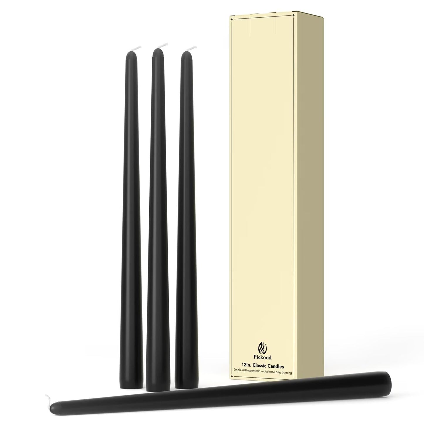 Pickood 12-Inch Tall Dripless Taper Candles Set of 4 - Black Tapered Candles, Perfect for Halloween - Smokeless, Unscented, Long Burning - Hand Poured, Colored Tall Candlesticks - negras
