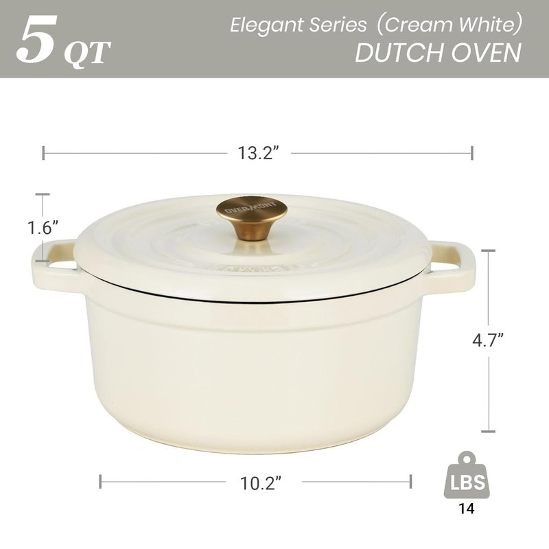 Overmont Enameled Cast Iron Dutch Oven - 5QT Pot with Lid Cookbook & Cotton Potholders - Heavy-Duty Cookware for Braising, Stews, Roasting, Sourdough Baking Cream white