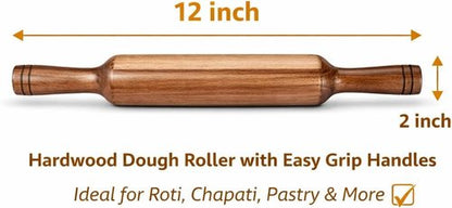Hardwood Rolling Pin 12 Inch - Wooden Dough Roller with Easy Grip Handles | Ideal for Roti, Chapati, Pastry & Pizza