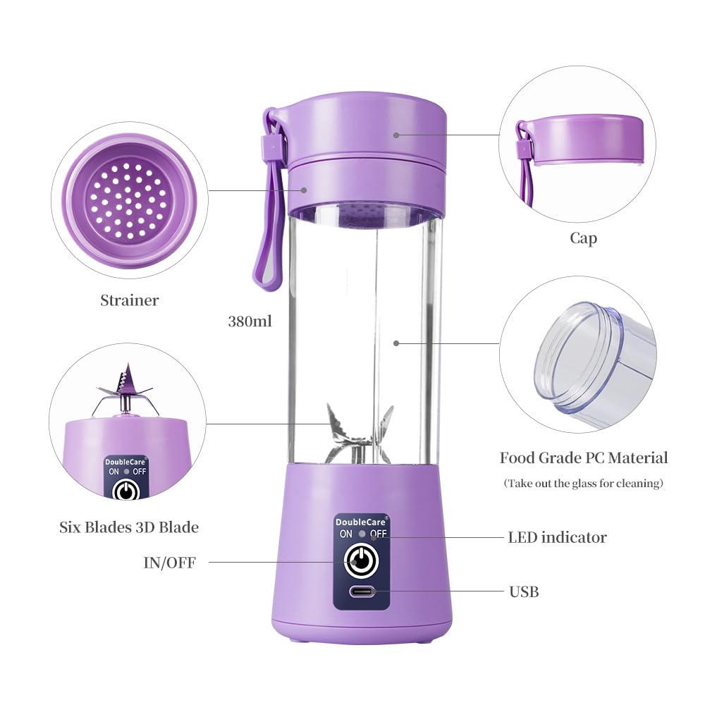 Portable Blender Cup,Electric USB Juicer Blender,Portable Juicer For Shakes and Smoothies, juice,380ml, Six Blades Great for Mixing,light purple