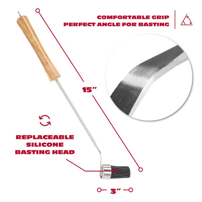 BBQ-AID Basting Brush for Grilling 400°F Heat Resistant BPA Free Silicone Bristles, Long Handle Grill Basting Brush, Acacia Wood+Stainless Steel, Dishwasher Safe, Basting Brush for Smoker & Grill