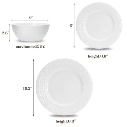 QUANSHANGJU 18-Piece Bone China Dinnerware Set for 6, White Porcelain Plates and Bowls with Textured Design, Lightweight Microwave Dishwasher Safe for Family Dining