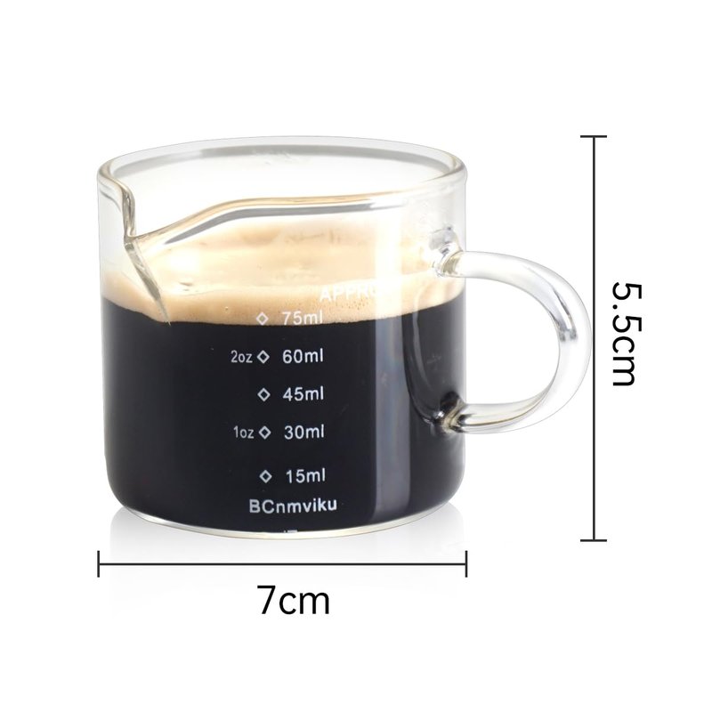 BCnmviku 2 PACK Espresso Glass Measuring Cup Triple Pitcher Milk Cup 75ML Espresso Cups with Handle Shot Glass with V-Shaped Mouth Clear Accessories Milk Frothing Pitcher (2)