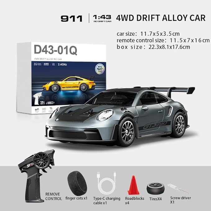 D43-01 1:43 Scale 2.4G Full Proportional 4WD Alloy RC Drift Car with Gyro System Silent Bearings Adjustable Speed &amp LED Lights for Adults High Speed Remote Control Racing Car