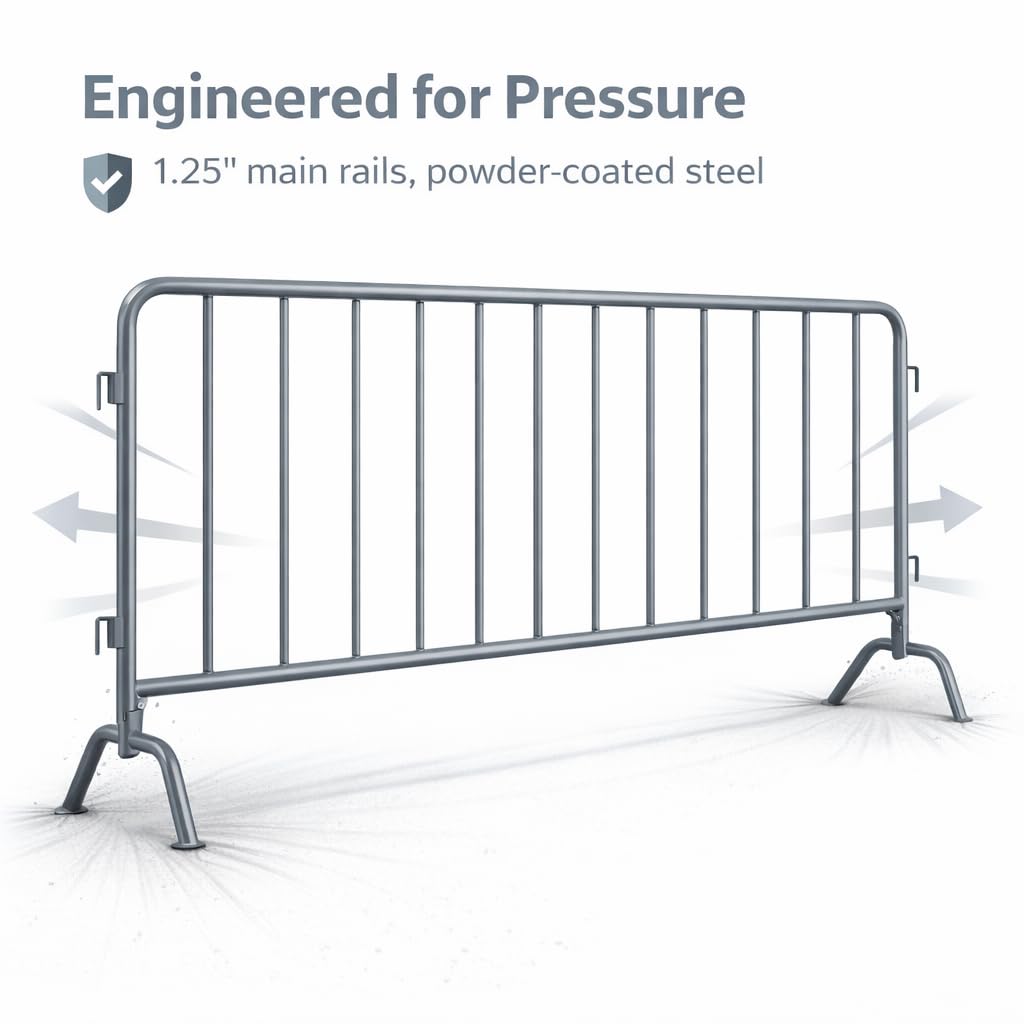 AdirPro 5 ft Crowd Control Barricade, 4-Pack | Interlocking Steel Barricade Fence | Heavy-Duty 16-Gauge Weatherproof Steel | for Events, Construction, Road Closure & Parking Lots